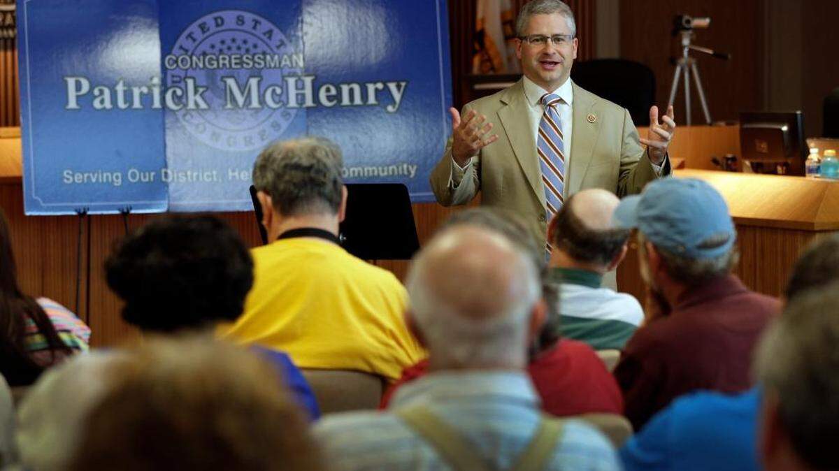 
In this photo taken Aug. 5, 2013 Rep. Patrick McHenry speaks to a full house during a town hall meeting in Lincolnton, N.C. McHenry's loudest constituents have no desire to see conciliation on gridlocked Capitol Hill, unless it comes from President Barack Obama and his fellow Democrats. (AP Photo/Chuck Burton)
