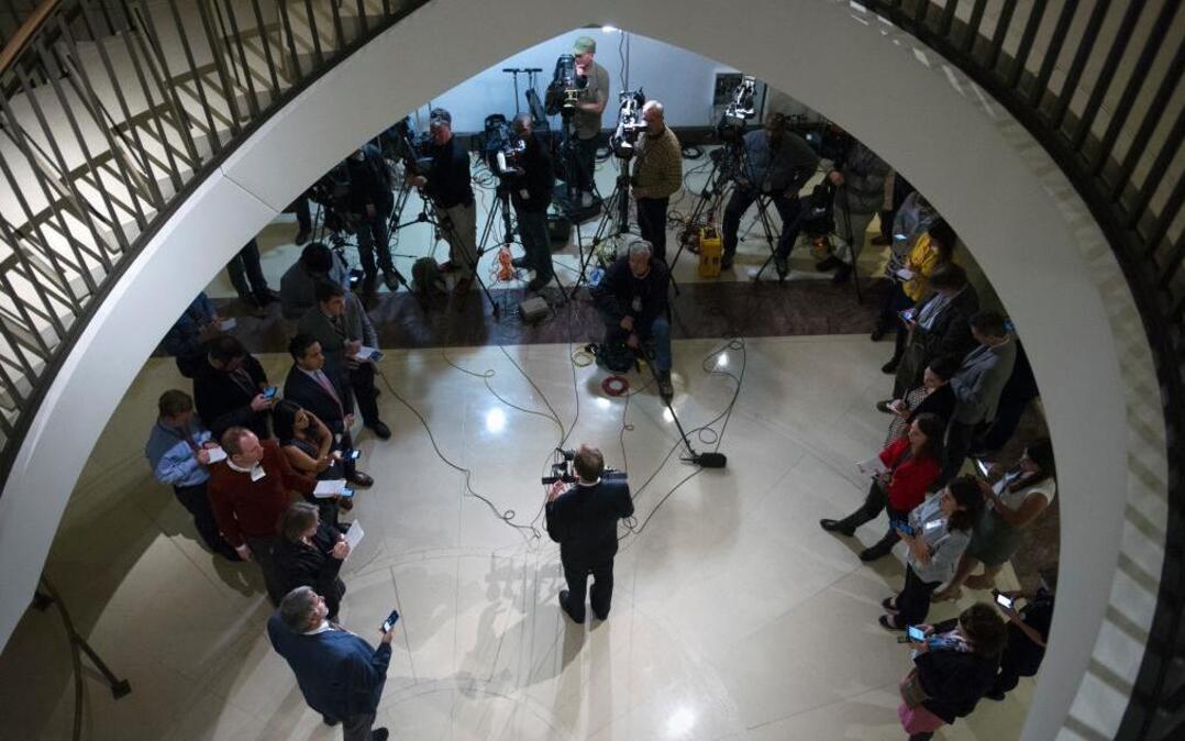 House Intelligence Committee ranking member Adam Schiff, D-Calif., center, speaks with reporters about the committee's investigation into Russia's involvement in the recent U.S. presidential election, on Capitol Hill in Washington, Tuesday, March 7, 2017.