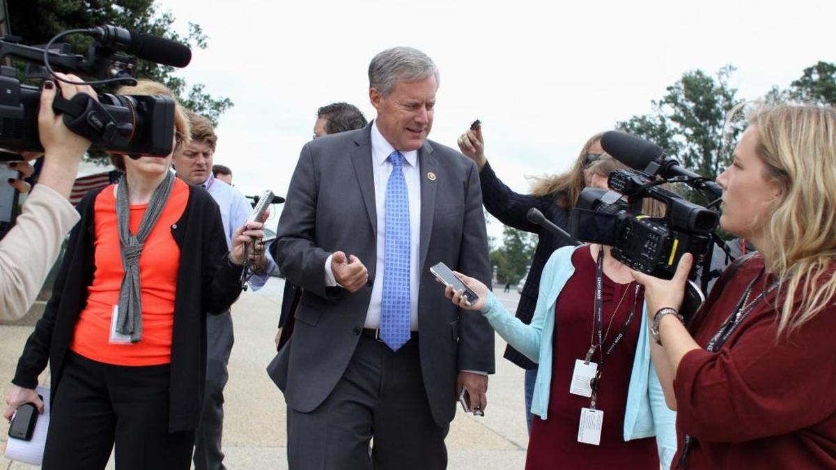 
Rep. Mark Meadows, R-N.C., talks with reporters on Capitol Hill in Washington, Friday, Sept. 25, 2015, after news of House Speaker John Boehner's resignation hit the Capitol. (AP Photo/Lauren Victoria Burke)
