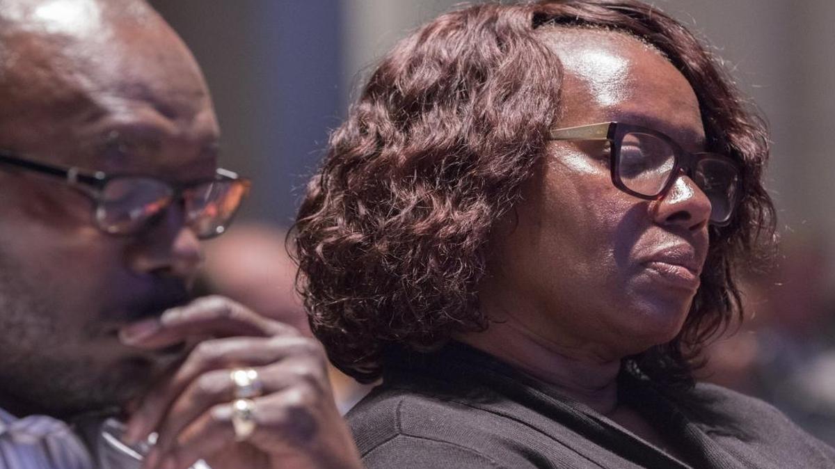 Felicia Sanders, one of the survivors of the Charleston Massacre, mourns and prays at the screening of a documentary featuring the massacre and discussing racial reconciliation in the U.S. Capitol in Washington, D.C., on July 13, 2016. Two massacre survivors and family members of the victims who participated in the March Pilgrimage also joined Rep. James E. Clyburn, D-S.C., and Sen. Tim Scott, R-S.C., at the panel.
