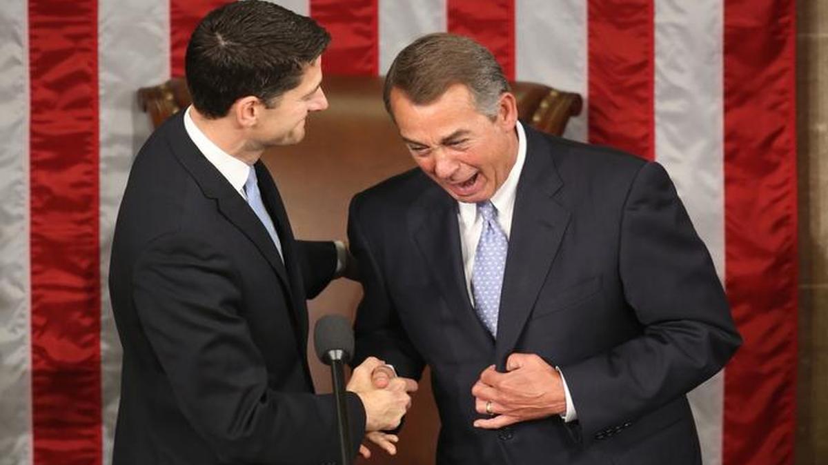 Outgoing House Speaker John Boehner shakes hands with his successor, Rep. Paul Ryan, R-Wis., in the House Chamber on Capitol Hill in Washington on Thursday, Oct. 29, 2015. Republicans rallied behind Ryan to elect him the House’s 54th speaker Thursday.