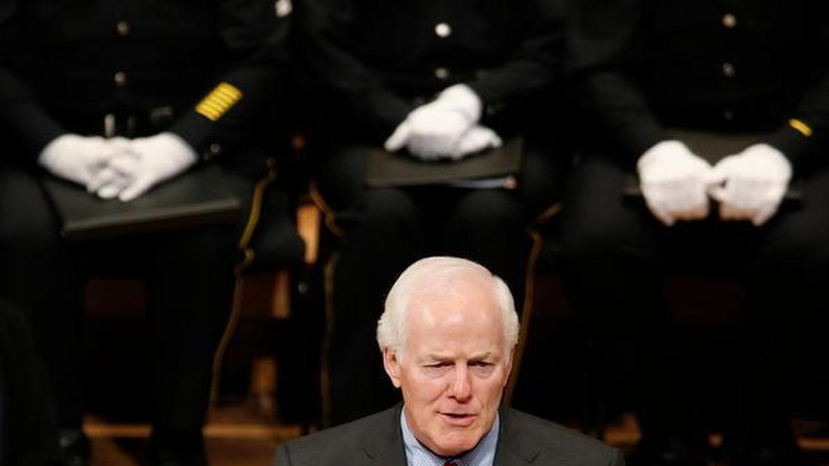 Sen. John Cornyn speaks during a memorial for five Dallas and DART police officers shot to death in last week's attack on Tuesday, July 12, 2016, at the Morton H. Meyerson Symphony Center in Dallas.