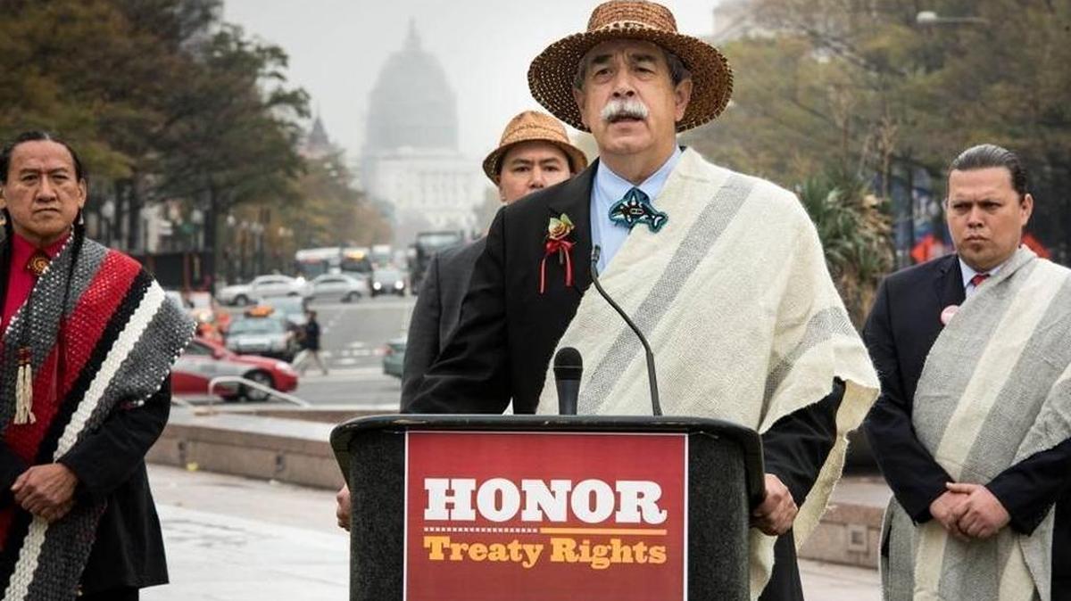 Mel Sheldon, chairman of Tulalip tribes, speaks at a rally in Washington D.C. last month as tribal leaders gathered to urge Congress to uphold treaty rights and reject permits for a shipping terminal in the Lummi tribe’s fishing waters.