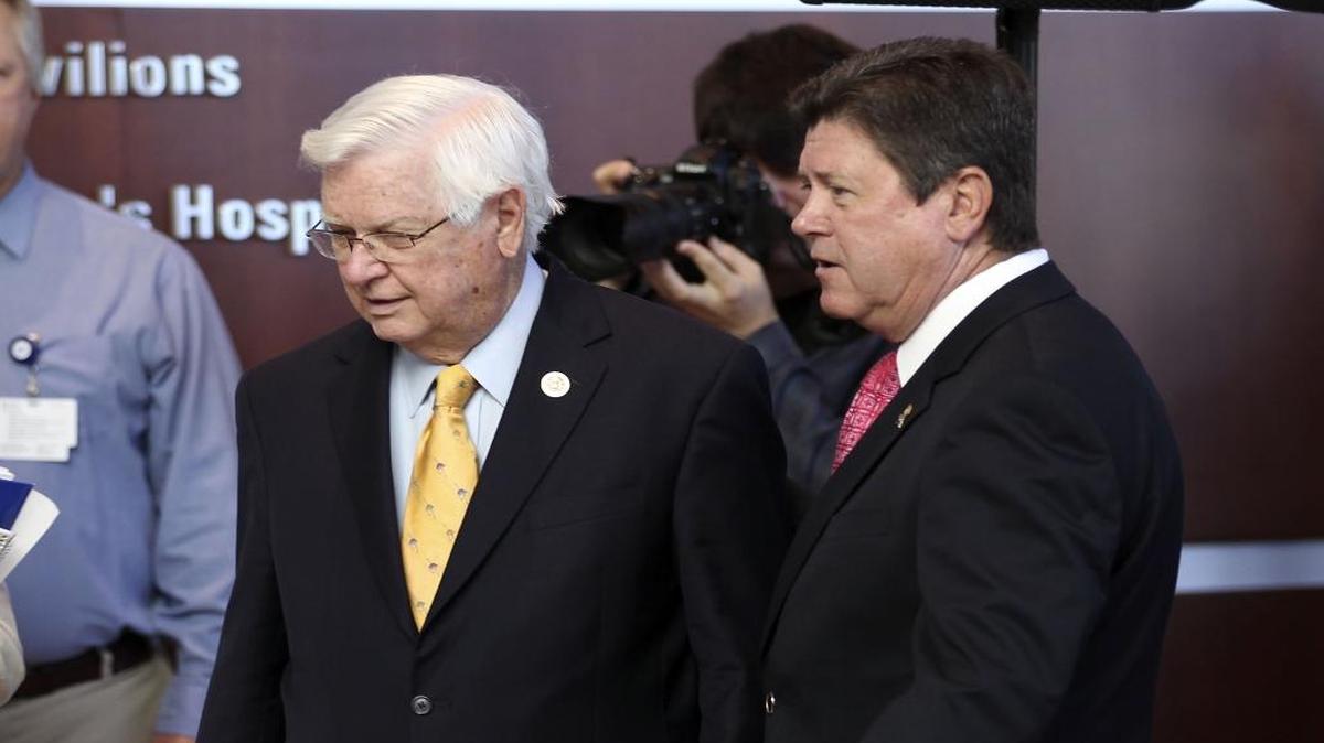 Rep. Hal Rogers, left, accompanied by state Rep. Greg Stumbo, then-speaker of the Kentucky House of Representatives, before a morning news conference at the University of Kentucky Chandler Hospital in Lexington, July 12, 2013.