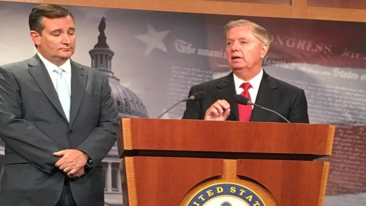 Sen. Lindsey Graham, R-S.C., speaks at a news conference at the U.S. Capitol in favor of introducing legislation to provide additional funding to Israel and renewing nuclear sanctions on Iran, on Tuesday, Sept. 20, 2016. Sen. Ted Cruz, R-Texas, listens.