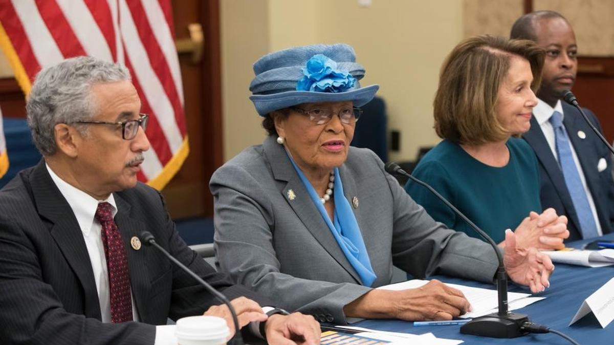 Members of the Historically Black Colleges and Universities Caucus, from left, Rep. Bobby Scott, D-Va., Rep. Alma Adams, D-N.C., House Minority Leader Nancy Pelosi, D-Calif., and Wayne A.I. Frederick, president of Howard University, discuss Democratic priorities for the future of HBCUs, on Capitol Hill.