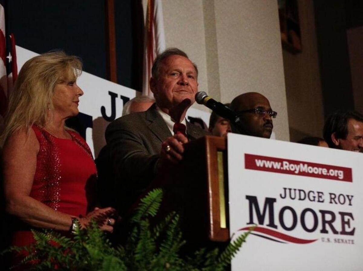 Former Alabama Chief Justice and U.S. Senate candidate Roy Moore during his election party, Tuesday, Sept. 26, 2017, in Montgomery, Ala. Moore won the Alabama Republican primary runoff for U.S. Senate on Tuesday, defeating an appointed incumbent backed by President Donald Trump and allies of Sen. Mitch McConnell.