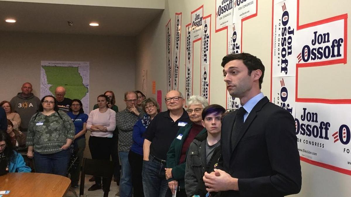 Georgia Democratic congressional candidate Jon Ossoff speaks to volunteers in his Cobb County campaign office.