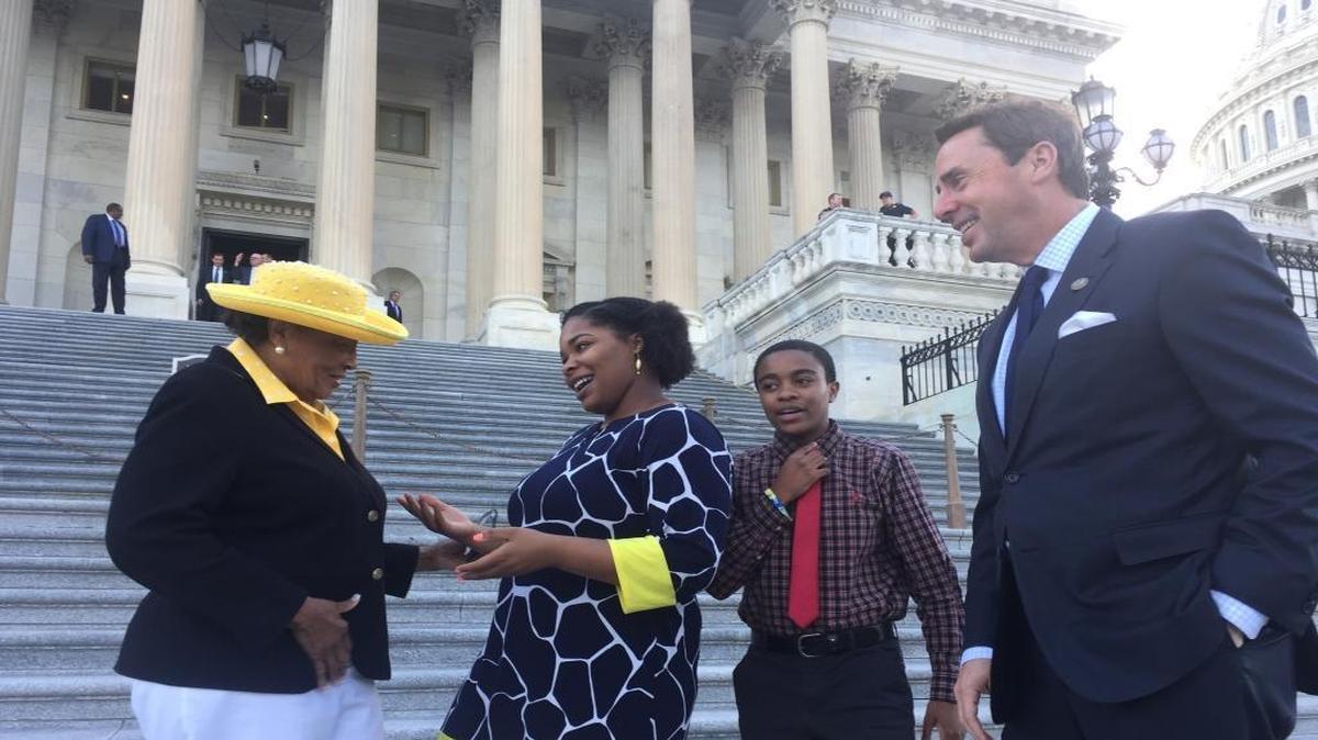 Rep. Alma Adams, D-N.C., left, N.C. A&T State University student Nasya Blackwell, Johnson C. Smith University student Dariana Reid, center, and Rep. Mark Walker, R-N.C., right, speak on Capitol Hill. Blackwell and Reid were summer interns in a program created by Adams and Walker designed to expose students to what it’s like working in Democratic and Republican congressional offices.