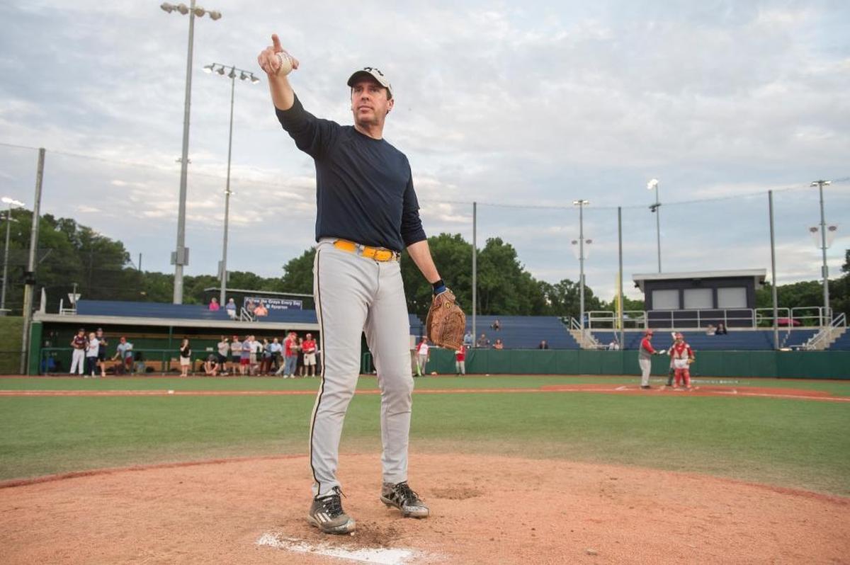 U.S. Rep. Mark Walker, R-N.C., pitches during a scrimmage between Republican team members at the Washington Nationals Youth Baseball Academy in Anacostia, June 13, 2016. Walker says he’s eager to broaden the appeal of Republicans’ political message and he has a new platform for the conservative agenda in Congress as chairman-elect of the Republican Study Committee. Walker, 47, is a former Baptist preacher and baseball player from Greensboro, N.C.