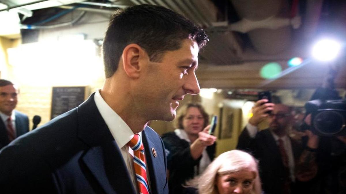 
Rep. Paul Ryan, R-Wis. arriving for a House GOP meeting Friday. The pressure is on Ryan to run for House speaker in the chaotic aftermath of Majority Leader Kevin McCarthy's sudden decision to abandon his campaign for the post. 
