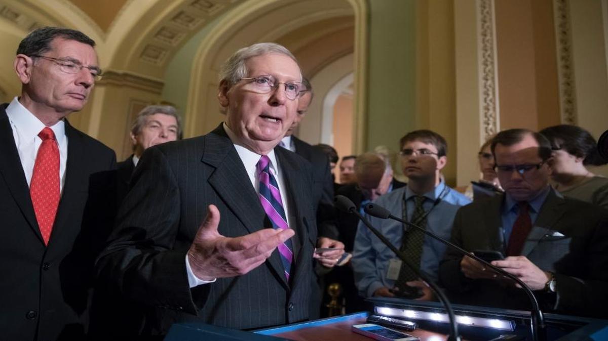 Senate Majority Leader Mitch McConnell of Ky., joined by, from left, Sen. John Barrasso, R-Wyo., and Sen. Roy Blunt, R-Mo., holds his first news conference since the Republican health care bill collapsed last week due to opposition within the GOP ranks, Tuesday, Aug. 1, 2017, on Capitol Hill Washington.