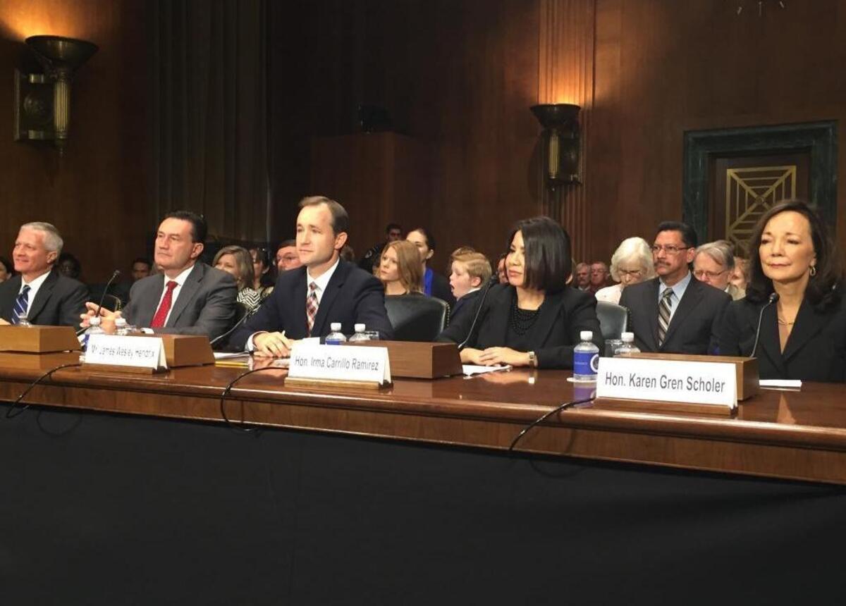 Five judicial nominees for U.S. District Court in Texas have their confirmation hearing before the Senate Judiciary Committee in Washington on Wednesday, Sept. 7, 2016. From left to right are Judge Walter David Counts III, Judge E. Scott Frost, James Wesley Hendrix, Judge Irma Carrillo Ramirez and Karen Gren Scholer.