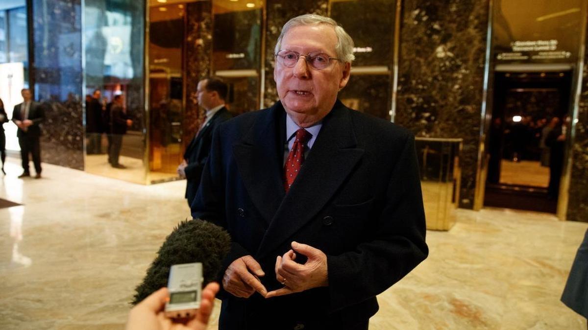 Senate Majority Leader Mitch McConnell, R-Ky., talks with reporters at Trump Tower in New York on Jan. 9, 2017, after meeting with President-elect Donald Trump.