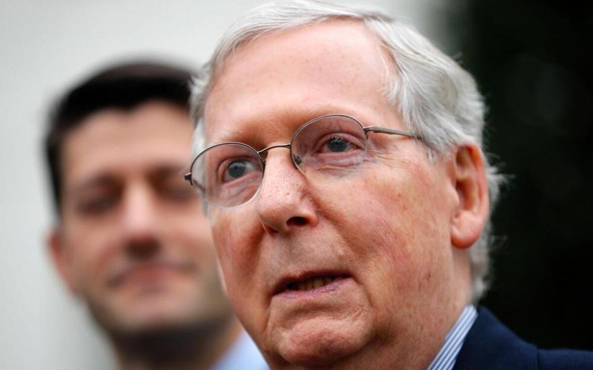 Senate Majority Leader Mitch McConnell, R-Ky., accompanied by House Speaker Paul Ryan, R-Wis., speaks to reporters outside the White House in Washington, Monday, Feb. 27, 2017, following their meeting with President Donald Trump.