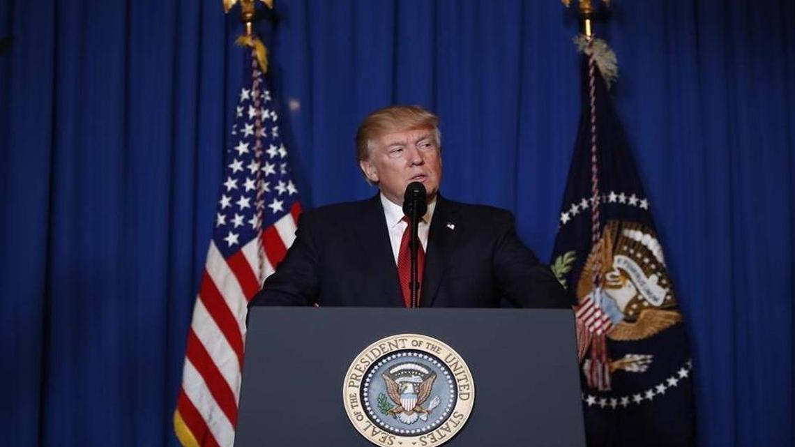 President Donald Trump speaks at Mar-a-Lago in Palm Beach, Fla., Thursday, April 6, 2017, after the U.S. fired a barrage of cruise missiles into Syria in retaliation for this week's gruesome chemical weapons attack on civilians.