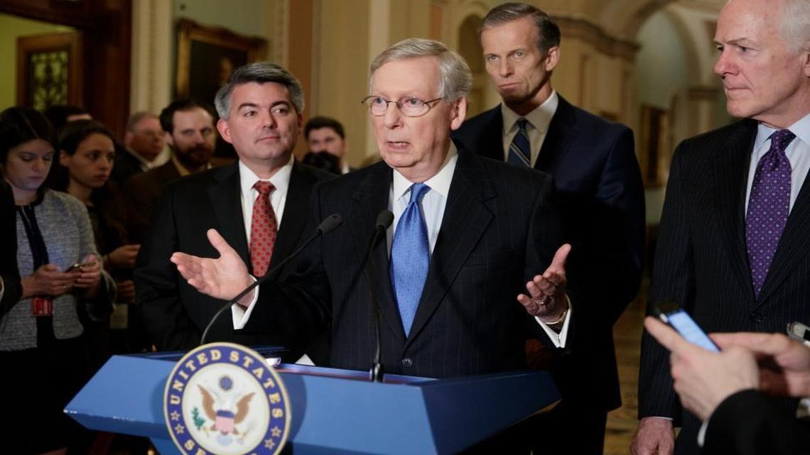 Senate Majority Leader Mitch McConnell, R-Ky., joined by, from left, Sen. Cory Gardner, R-Colo., Sen. John Thune, R-S.D., and Majority Whip John Cornyn, R-Texas, meets with reporters on Capitol Hill before President Donald Trump's speech to the nation, in Washington, Tuesday, Feb. 28, 2017.