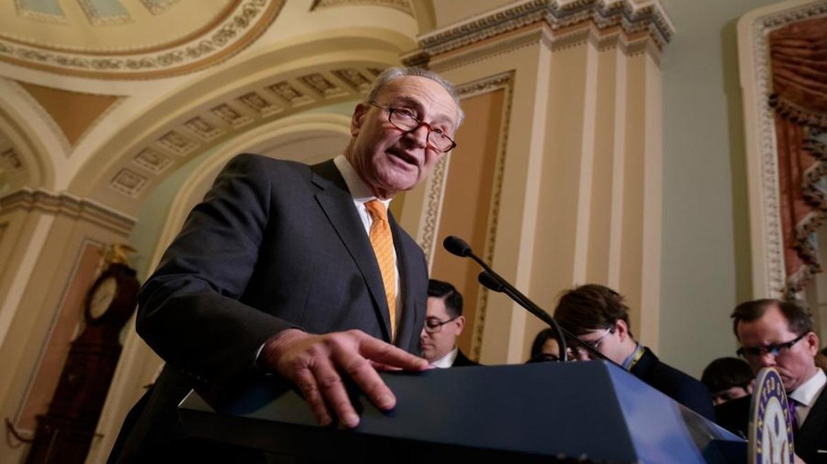 Senate Minority Leader Charles Schumer of New York meets with reporters on Capitol Hill in Washington, Tuesday, Feb. 14, 2017.