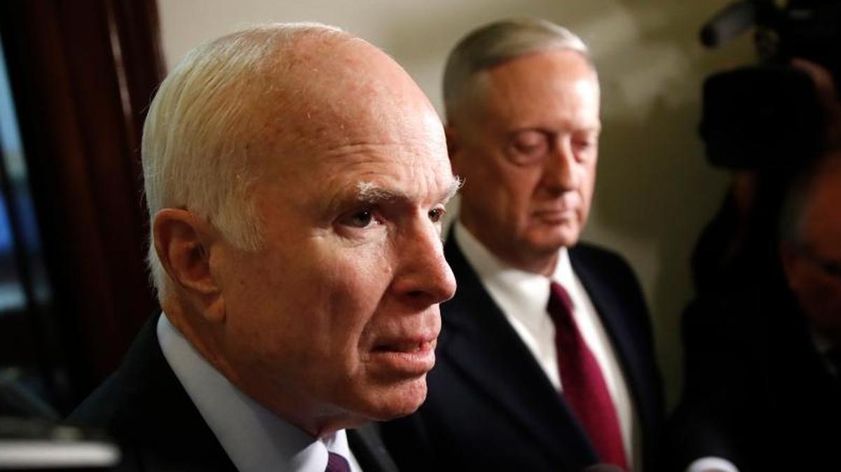 Sen. John McCain, R-Ariz., left, and Defense Secretary James Mattis, speak to members of the media after their meeting Friday, Oct. 20, 2017, on Capitol Hill in Washington.