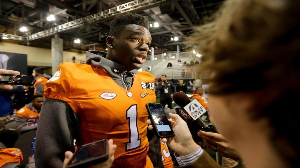 Clemson safety Jayron Kearse talks during media day for the NCAA College Football Playoff National Championship in Phoenix, Saturday, Jan. 9, 2016. Clemson will face Alabama in Monday's game, and members of Congress have a friendly wager going on the outcome.