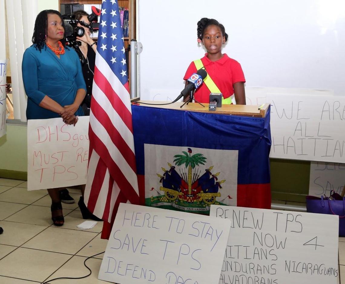 Ten-year-old Ronyde Christina Ponthieux, whose father has TPS status, 10, addresses the media at the FANM office in Little Haiti on Monday. Immigration advocates in Miami hold a press conference on Monday in reaction to the possible termination of Temporary Protected Status for more than 300,000 Haitians and Central Americans.