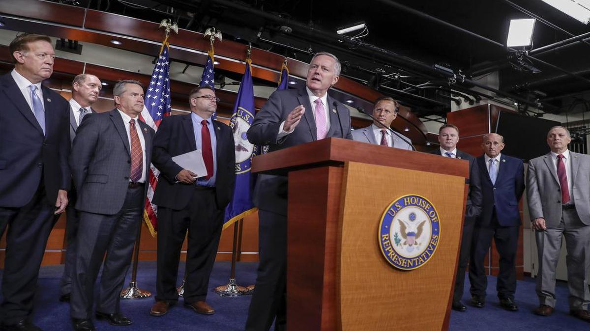 House Freedom Caucus Chairman Rep. Mark Meadows, R-N.C., center, speaks during a news conference on Capitol Hill in Washington, Wednesday, July 12, 2017.
