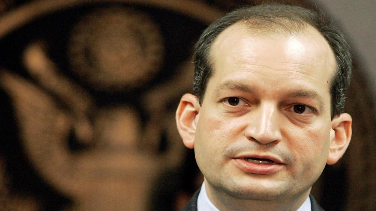 In this Sept. 17, 2008, file photo, Labor Secretary-designate Alexander Acosta speaks in Miami.