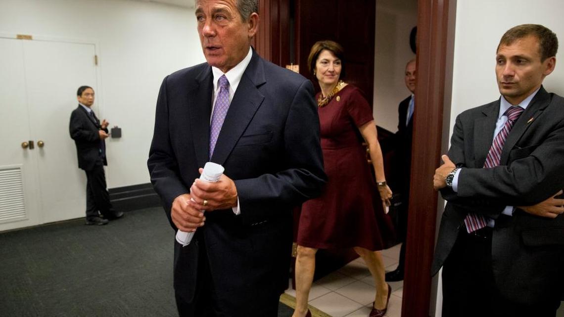 
Speaker of the House John Boehner of Ohio, left, followed by Conference Chair Cathy McMorris Rodgers, R-Wash., walks into a news conference about the Iran deal after meeting with members of the House Republican leadership in Washington, Wednesday Sept. 9, 2015. 

