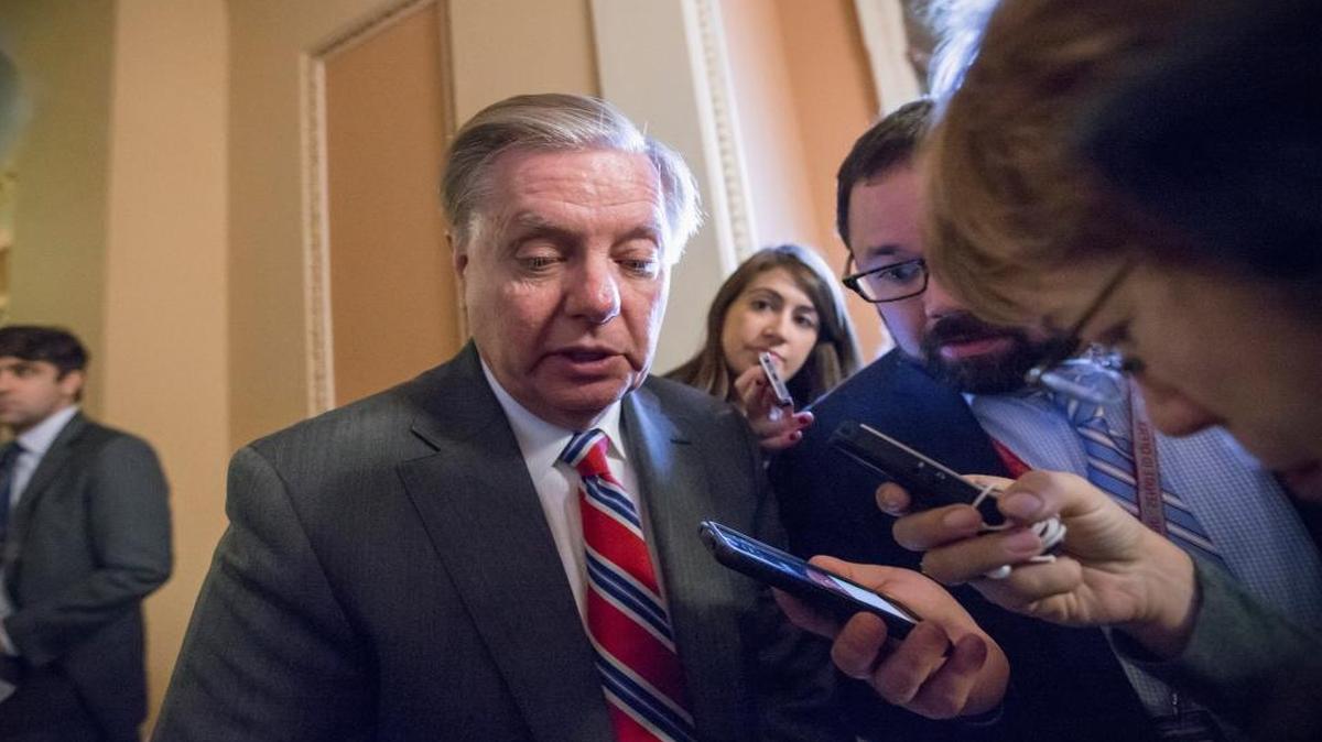 Sen. Lindsey Graham, R-S.C., a member of the Senate Judiciary Committee, speaks with reporters as he leaves a closed meeting in the office of Senate Majority Leader Mitch McConnell, R-Ky., on Capitol Hill in Washington on Tuesday, Feb. 23, 2016.