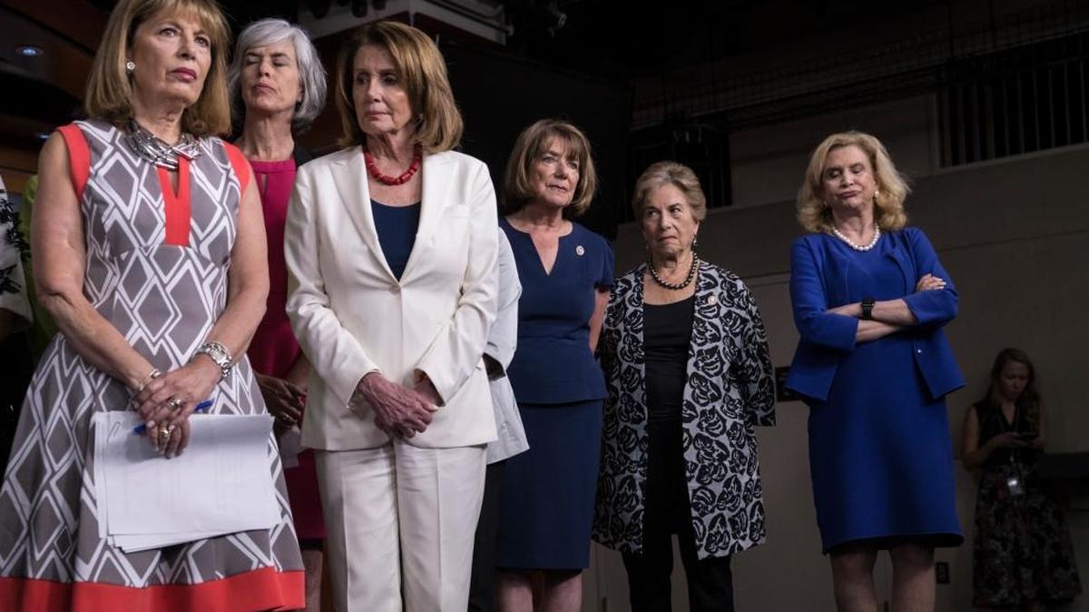 From left, Rep. Jackie Speier, D-Calif., Rep. Katherine Clark, D-Mass., House Minority Leader Nancy Pelosi, D-Calif., Rep. Susan Davis, D-Calif., Rep. Jan Schakowsky, D-Ill., and Rep. Carolyn Maloney, D-N.Y., stand with fellow House members to speak out against President Donald Trump's tweet about a female cable TV anchor during a news conference at the Capitol in Washington, on June 29, 2017. Speier is working on new legislation to make it easier to combat sexual harassment in Congress.
