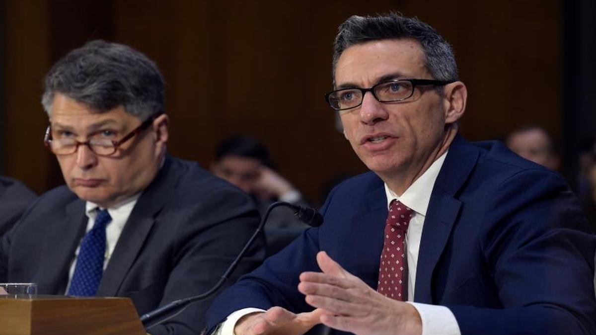 Clint Watts, right, a Senior Fellow at the Foreign Policy Research Institute Program on National Security, testifies before the Senate Intelligence Committee hearing on Capitol Hill in Washington on Thursday. He said Russia also meddled in the GOP primary campaign, also on Donald Trump’s side. He was joined at the witness table by Roy Godson, left, a professor emritus at Georgetown University, and Eugene Rumer, the director of the Russia and Eurasia program at the Carnegie Endowment for International Peace.