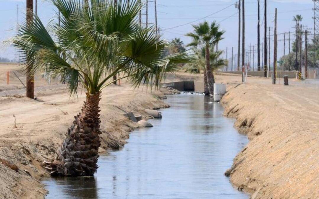 Agriculture drainage water to be treated enters the Panoche Drainage District’s Demonstration Selenium Treatment Plant via an irrigation ditch.