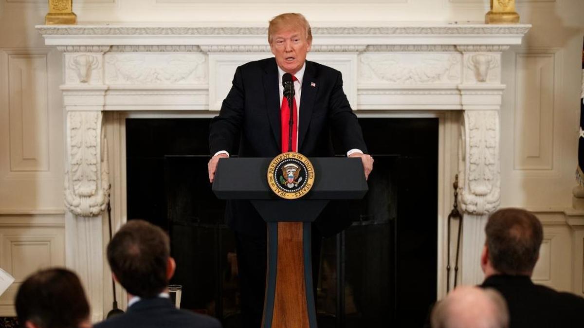 President Donald Trump speaks during a meeting with the members of the National Governors Association in the State Dining Room of the White House Monday.