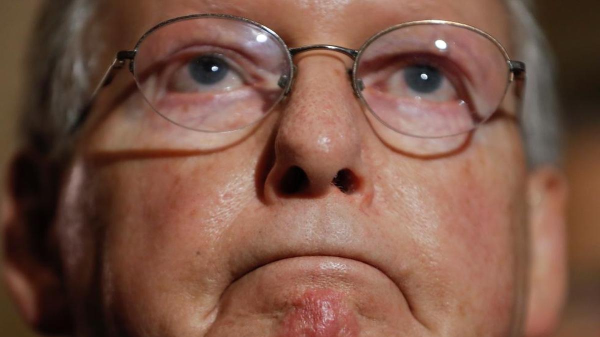 Senate Majority Leader Mitch McConnell, R-Ky., pauses while meeting with reporters on Capitol Hill, Tuesday, May 2, 2017, following a policy luncheon.