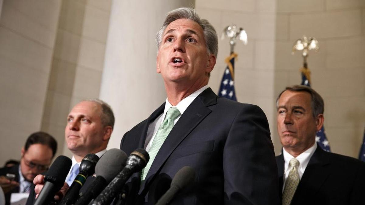 
House Majority Whip Kevin McCarthy, R-Calif., is joined by Rep. Steve Scalise, R-La., and Speaker of the House John Boehner, R-Ohio, just after House Republicans voted to make McCarthy the new majority leader in 2014. 
