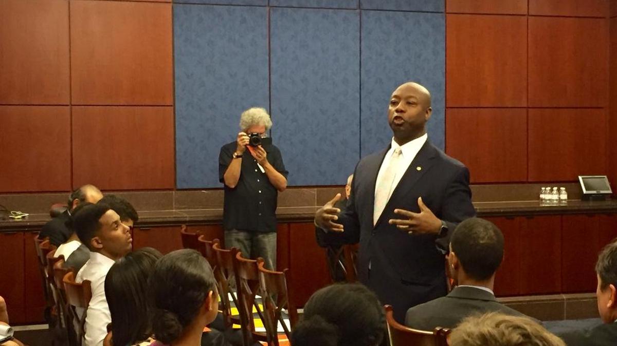 Sen. Tim Scott, R-S.C., speaks at a Capitol Hill briefing on parental incarceration in Washington on Wednesday, June 22, 2016.