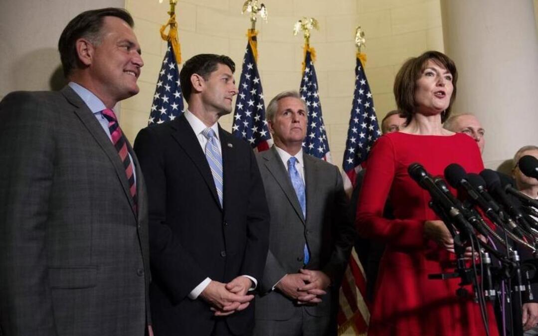 Republican Conference Chair Rep. Cathy McMorris Rodgers, R-Wash., right, Republican Policy Committee Chair, will be the only woman left of the House leadership team. She and other team members, including Rep. Luke Messer, R-Ind., left, House Speaker Paul Ryan of Wis., center, and House Majority Leader Kevin McCarthy, of Calif., center right, participated in a news conference on Capitol Hill in Washington, Tuesday, Nov. 15, 2016, after Ryan unanimously won his GOP colleagues' votes for another term at the helm of the House.