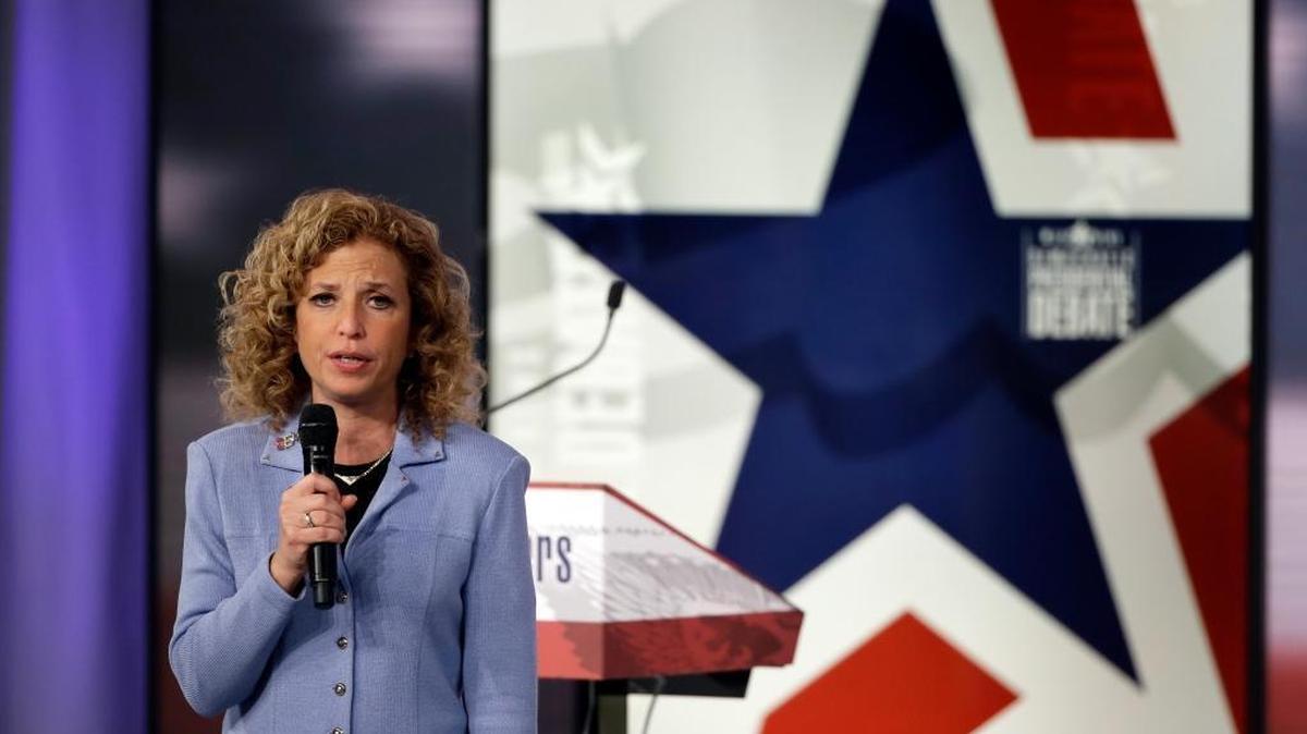 Democratic National Committee Chair Rep. Debbie Wasserman Schultz speaks before a Democratic presidential primary debate Saturday.
