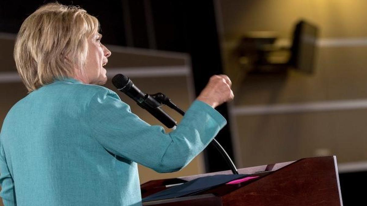 Democratic presidential candidate Hillary Clinton speaks at a rally at International Brotherhood of Electrical Workers Local 357 Hall in Las Vegas.