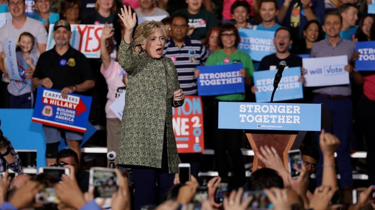 Democratic presidential candidate Hillary Clinton takes the stage at a rally, Wednesday in Las Vegas.