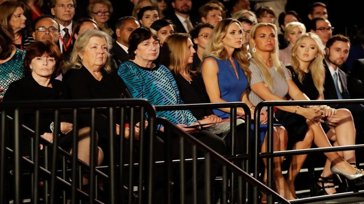 From left, Kathleen Willey, Juanita Broaddrick and Kathy Shelton wait for the second presidential debate between Republican presidential nominee Donald Trump and Democratic presidential nominee Hillary Clinton at Washington University in St. Louis, Sunday, Oct. 9, 2016.