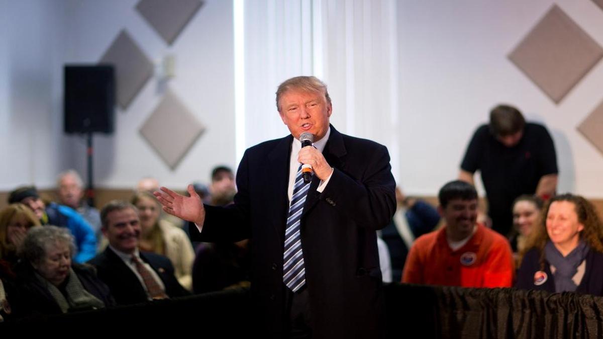Republican presidential candidate Donald Trump speaks during a town hall campaign event at the Londonderry Lions Club on Monday, Feb. 8, 2016, in Londonderry, New Hampshire.