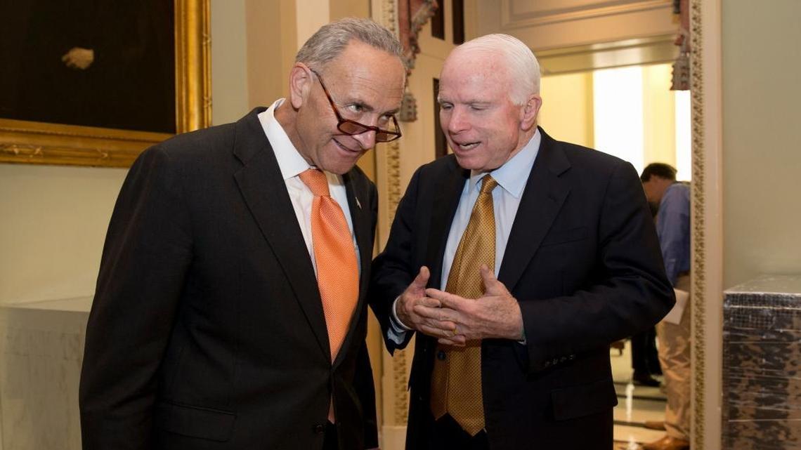 Will Sen. Charles Schumer, D-N.Y., left, shown speaking here with Sen. John McCain, R-Ariz., be the Senate’s majority leader in January 2017?