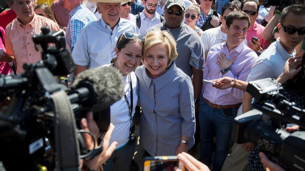 
Hillary Clinton, former U.S. secretary of state and 2016 Democratic presidential candidate, takes a "selfie" while touring the Iowa State Fair in Des Moines, Iowa. 
