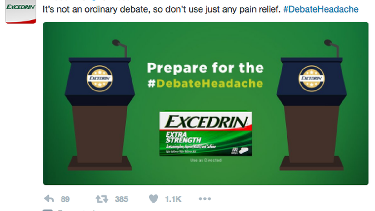The painkiller brand Excedrin began using the #DebateHeadache hashtag on Twitter to promote the medication ahead of Wednesday night’s presidential debate.