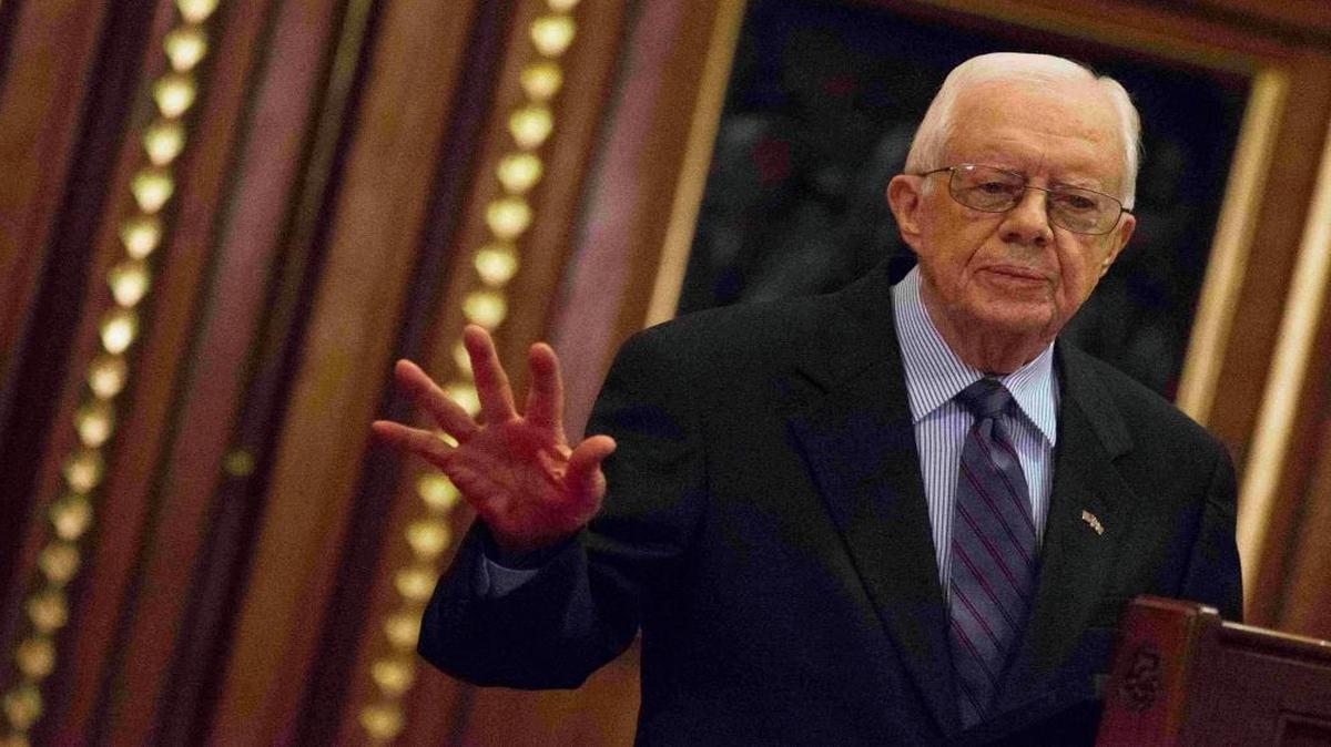 Former U.S. President Jimmy Carter delivers a lecture on the eradication of the Guinea worm, at the House of Lords in London, Wednesday, Feb. 3, 2016. Carter will not attend the Democratic National Convention in Philadelphia this month.
