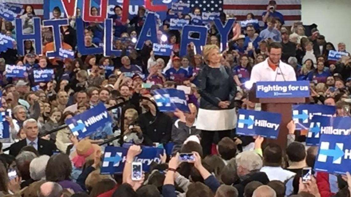 Hillary Clinton prepares to speak at her rally Saturday in St. Louis.