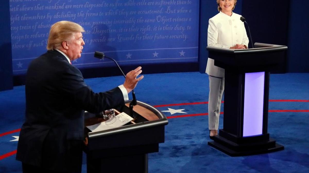 Republican presidential nominee Donald Trump debates Democratic presidential nominee Hillary Clinton during the third presidential debate at UNLV in Las Vegas, Wednesday, Oct. 19, 2016.