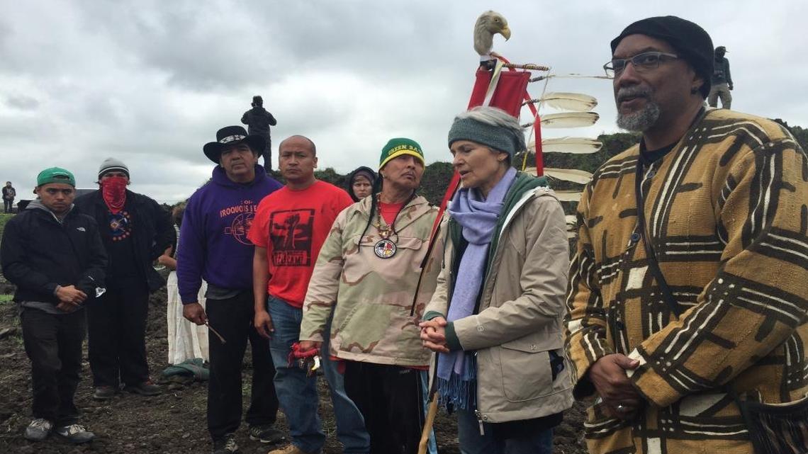Green Party presidential candidate Jill Stein, second from right, participates in an oil pipeline protest on Tuesday, Sept. 6, 2016 in Morton County, N.D.