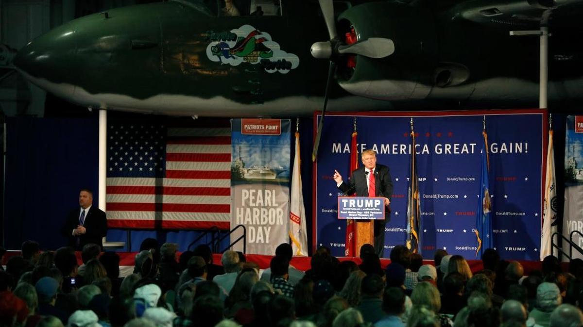 Republican presidential candidate, businessman Donald Trump, speaks during a rally coinciding with Pearl Harbor Day at Patriots Point aboard the aircraft carrier USS Yorktown in Mt. Pleasant, S.C., Monday, Dec. 7, 2015.